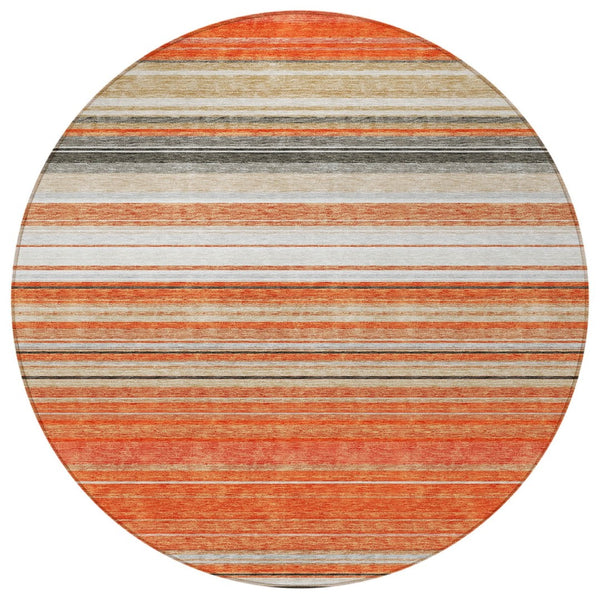 HomeRoots 5' Coral Ivory and Gray Striped Washable Area Rug - Durable, Stylish, Indoor/Outdoor Design for Any Space 8' Round 614805
