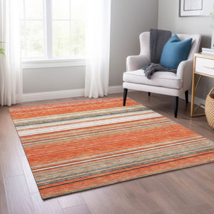 HomeRoots 5' Coral Ivory and Gray Striped Washable Area Rug - Durable, Stylish, Indoor/Outdoor Design for Any Space 8' X 10' 614806
