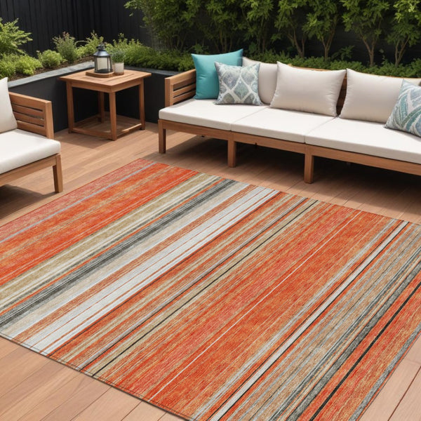 HomeRoots 5' Coral Ivory and Gray Striped Washable Area Rug - Durable, Stylish, Indoor/Outdoor Design for Any Space 10' X 14' 614808