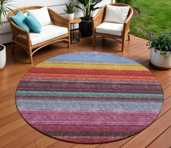 HomeRoots 5' Striped Lavender, Blush, and Blue Area Rug - Durable, Washable Indoor/Outdoor Accent for Any Space 8' Round 614811