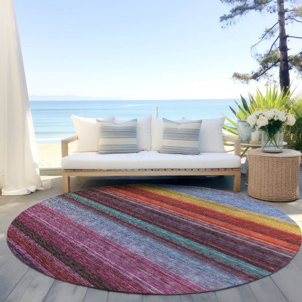 HomeRoots 5' Striped Lavender, Blush, and Blue Area Rug - Durable, Washable Indoor/Outdoor Accent for Any Space 8' Round 614811