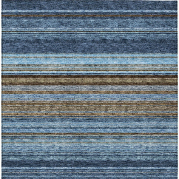 HomeRoots 5' Washable Indoor Outdoor Area Rug - Navy Blue, Sky Blue & Taupe Stripes for Durable Style 5' X 8' 614816