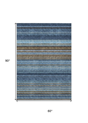 HomeRoots 5' Washable Indoor Outdoor Area Rug - Navy Blue, Sky Blue & Taupe Stripes for Durable Style 5' X 8' 614816