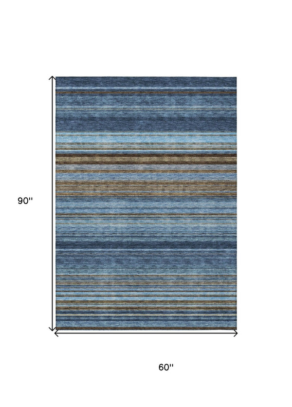 HomeRoots 5' Washable Indoor Outdoor Area Rug - Navy Blue, Sky Blue & Taupe Stripes for Durable Style 5' X 8' 614816