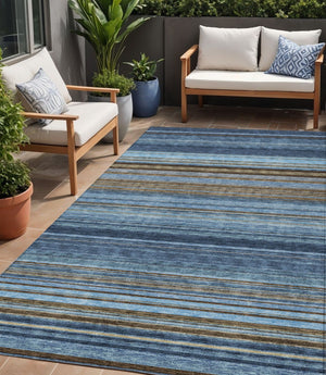 HomeRoots 5' Washable Indoor Outdoor Area Rug - Navy Blue, Sky Blue & Taupe Stripes for Durable Style 5' X 8' 614816