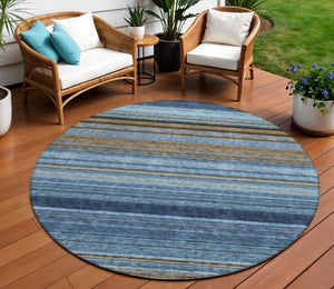 HomeRoots 5' Washable Indoor Outdoor Area Rug - Navy Blue, Sky Blue & Taupe Stripes for Durable Style 8' Round 614817