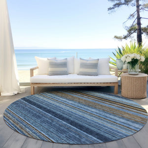 HomeRoots 5' Washable Indoor Outdoor Area Rug - Navy Blue, Sky Blue & Taupe Stripes for Durable Style 8' Round 614817