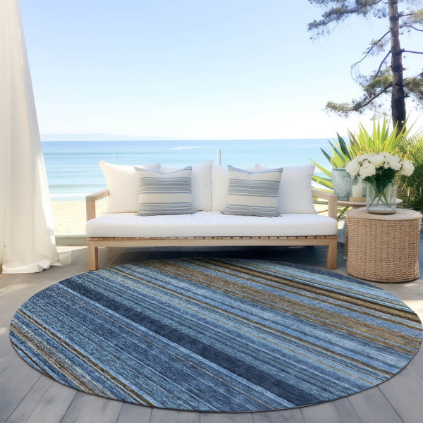 HomeRoots 5' Washable Indoor Outdoor Area Rug - Navy Blue, Sky Blue & Taupe Stripes for Durable Style 8' Round 614817