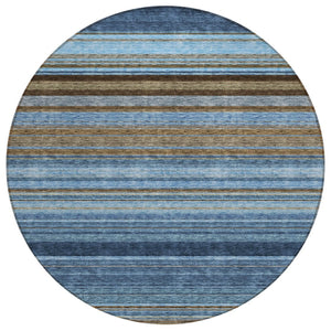 HomeRoots 5' Washable Indoor Outdoor Area Rug - Navy Blue, Sky Blue & Taupe Stripes for Durable Style 8' Round 614817