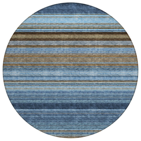 HomeRoots 5' Washable Indoor Outdoor Area Rug - Navy Blue, Sky Blue & Taupe Stripes for Durable Style 8' Round 614817