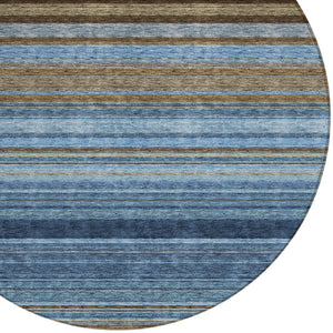 HomeRoots 5' Washable Indoor Outdoor Area Rug - Navy Blue, Sky Blue & Taupe Stripes for Durable Style 8' Round 614817