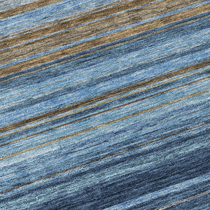 HomeRoots 5' Washable Indoor Outdoor Area Rug - Navy Blue, Sky Blue & Taupe Stripes for Durable Style 8' Round 614817