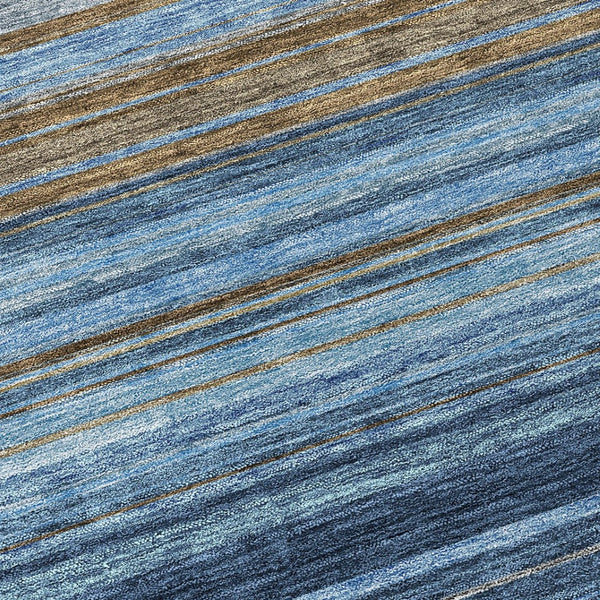 HomeRoots 5' Washable Indoor Outdoor Area Rug - Navy Blue, Sky Blue & Taupe Stripes for Durable Style 8' Round 614817