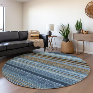 HomeRoots 5' Washable Indoor Outdoor Area Rug - Navy Blue, Sky Blue & Taupe Stripes for Durable Style 8' Round 614817