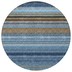HomeRoots 5' Washable Indoor Outdoor Area Rug - Navy Blue, Sky Blue & Taupe Stripes for Durable Style 8' Round 614817