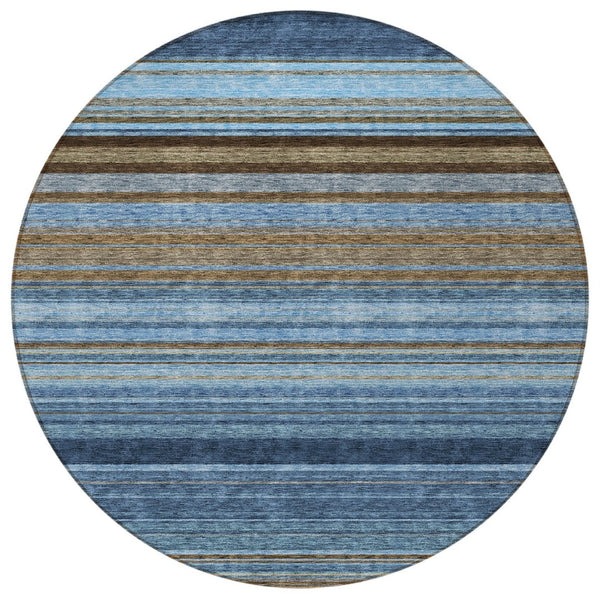 HomeRoots 5' Washable Indoor Outdoor Area Rug - Navy Blue, Sky Blue & Taupe Stripes for Durable Style 8' Round 614817