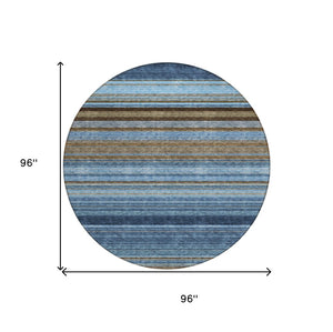 HomeRoots 5' Washable Indoor Outdoor Area Rug - Navy Blue, Sky Blue & Taupe Stripes for Durable Style 8' Round 614817