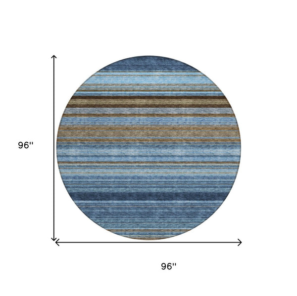 HomeRoots 5' Washable Indoor Outdoor Area Rug - Navy Blue, Sky Blue & Taupe Stripes for Durable Style 8' Round 614817