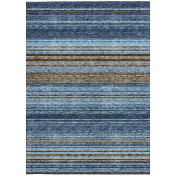 HomeRoots 5' Washable Indoor Outdoor Area Rug - Navy Blue, Sky Blue & Taupe Stripes for Durable Style 8' X 10' 614818