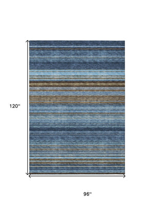 HomeRoots 5' Washable Indoor Outdoor Area Rug - Navy Blue, Sky Blue & Taupe Stripes for Durable Style 8' X 10' 614818