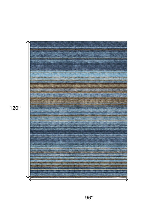 HomeRoots 5' Washable Indoor Outdoor Area Rug - Navy Blue, Sky Blue & Taupe Stripes for Durable Style 8' X 10' 614818