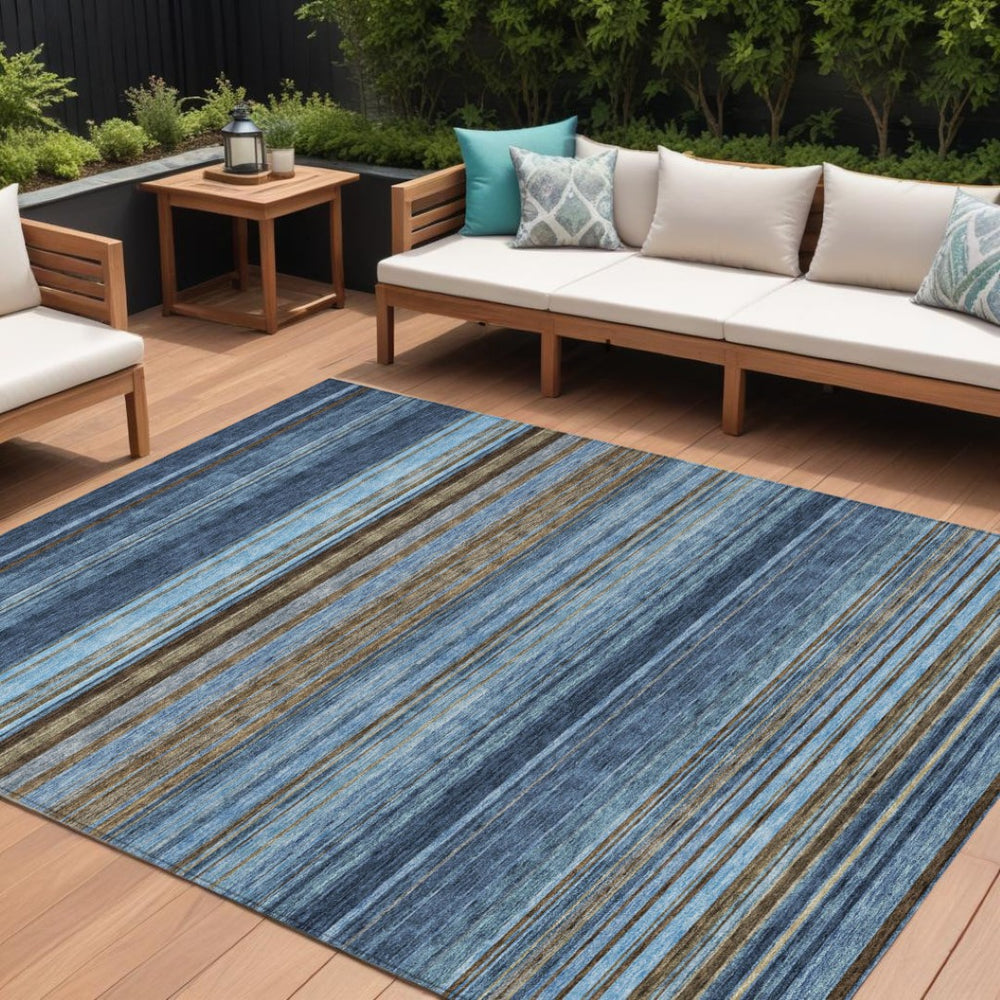 HomeRoots 5' Washable Indoor Outdoor Area Rug - Navy Blue, Sky Blue & Taupe Stripes for Durable Style 8' X 10' 614818