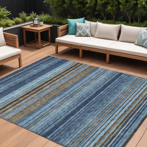 HomeRoots 5' Washable Indoor Outdoor Area Rug - Navy Blue, Sky Blue & Taupe Stripes for Durable Style 8' X 10' 614818