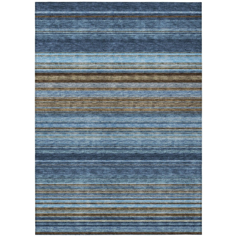 HomeRoots 5' Washable Indoor Outdoor Area Rug - Navy Blue, Sky Blue & Taupe Stripes for Durable Style 8' X 10' 614818