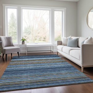 HomeRoots 5' Washable Indoor Outdoor Area Rug - Navy Blue, Sky Blue & Taupe Stripes for Durable Style 8' X 10' 614818