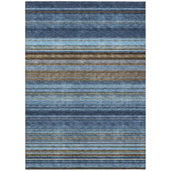 HomeRoots 5' Washable Indoor Outdoor Area Rug - Navy Blue, Sky Blue & Taupe Stripes for Durable Style 9' X 12' 614819