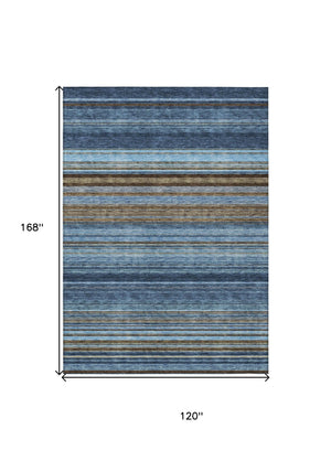 HomeRoots 5' Washable Indoor Outdoor Area Rug - Navy Blue, Sky Blue & Taupe Stripes for Durable Style 10' X 14' 614820