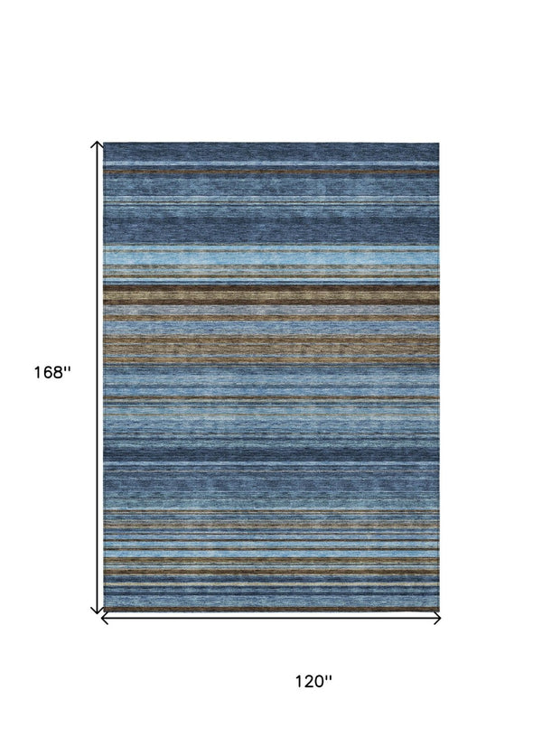 HomeRoots 5' Washable Indoor Outdoor Area Rug - Navy Blue, Sky Blue & Taupe Stripes for Durable Style 10' X 14' 614820