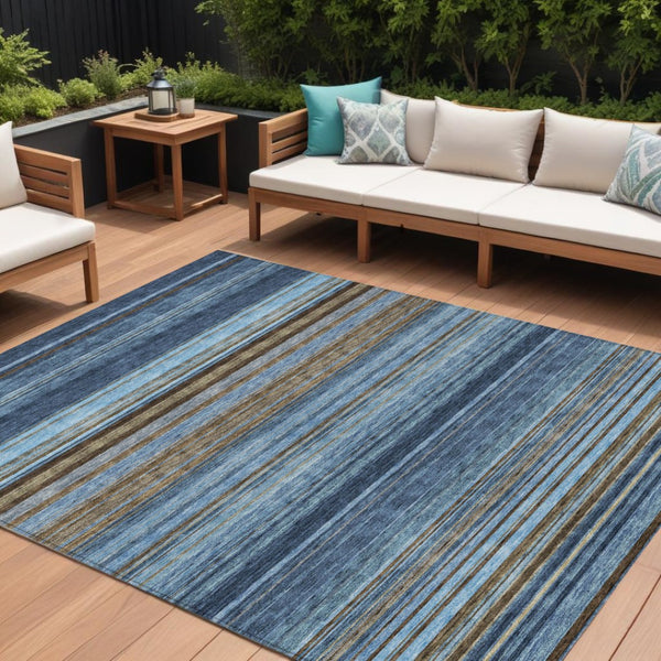 HomeRoots 5' Washable Indoor Outdoor Area Rug - Navy Blue, Sky Blue & Taupe Stripes for Durable Style 10' X 14' 614820