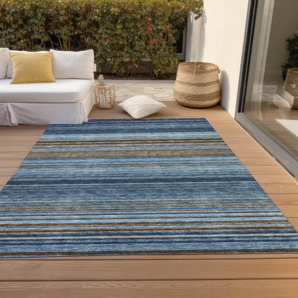 HomeRoots 5' Washable Indoor Outdoor Area Rug - Navy Blue, Sky Blue & Taupe Stripes for Durable Style 10' X 14' 614820