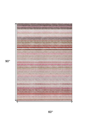 HomeRoots 5' Washable Indoor Outdoor Area Rug in Pink Blush and Burgundy Stripes for Stylish Versatility 5' X 8' 614822