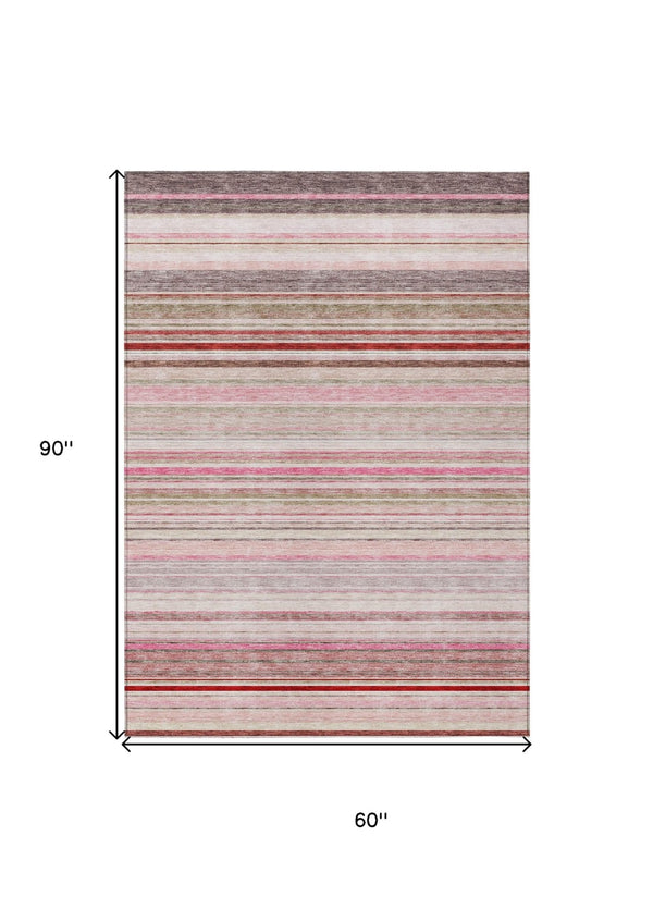 HomeRoots 5' Washable Indoor Outdoor Area Rug in Pink Blush and Burgundy Stripes for Stylish Versatility 5' X 8' 614822