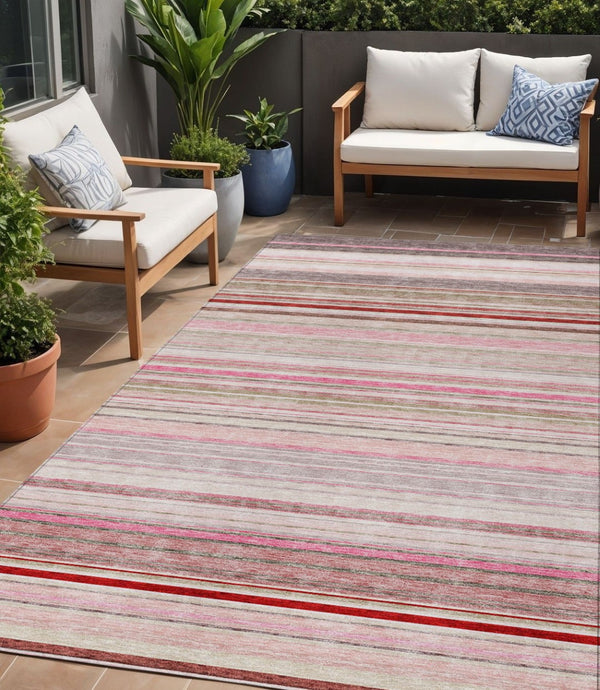 HomeRoots 5' Washable Indoor Outdoor Area Rug in Pink Blush and Burgundy Stripes for Stylish Versatility 5' X 8' 614822