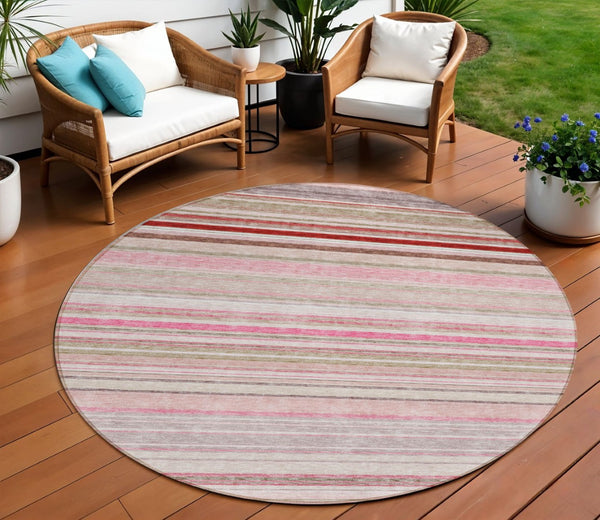 HomeRoots 5' Washable Indoor Outdoor Area Rug in Pink Blush and Burgundy Stripes for Stylish Versatility 8' Round 614823