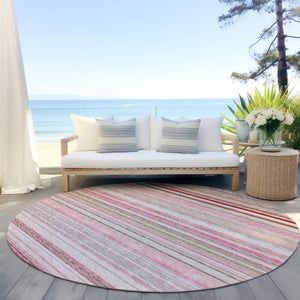 HomeRoots 5' Washable Indoor Outdoor Area Rug in Pink Blush and Burgundy Stripes for Stylish Versatility 8' Round 614823