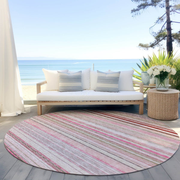 HomeRoots 5' Washable Indoor Outdoor Area Rug in Pink Blush and Burgundy Stripes for Stylish Versatility 8' Round 614823