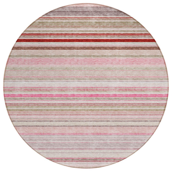 HomeRoots 5' Washable Indoor Outdoor Area Rug in Pink Blush and Burgundy Stripes for Stylish Versatility 8' Round 614823
