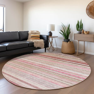 HomeRoots 5' Washable Indoor Outdoor Area Rug in Pink Blush and Burgundy Stripes for Stylish Versatility 8' Round 614823
