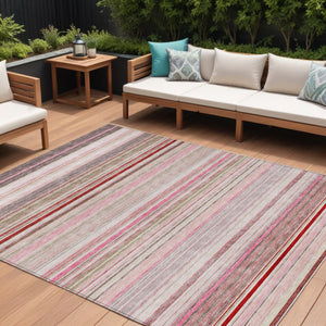 HomeRoots 5' Washable Indoor Outdoor Area Rug in Pink Blush and Burgundy Stripes for Stylish Versatility 9' X 12' 614825