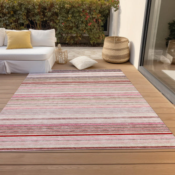HomeRoots 5' Washable Indoor Outdoor Area Rug in Pink Blush and Burgundy Stripes for Stylish Versatility 10' X 14' 614826