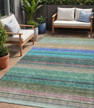 HomeRoots 5' Stylish Sage Teal Blue and Tan Striped Washable Area Rug for Indoor and Outdoor Comfort 5' X 8' 614828