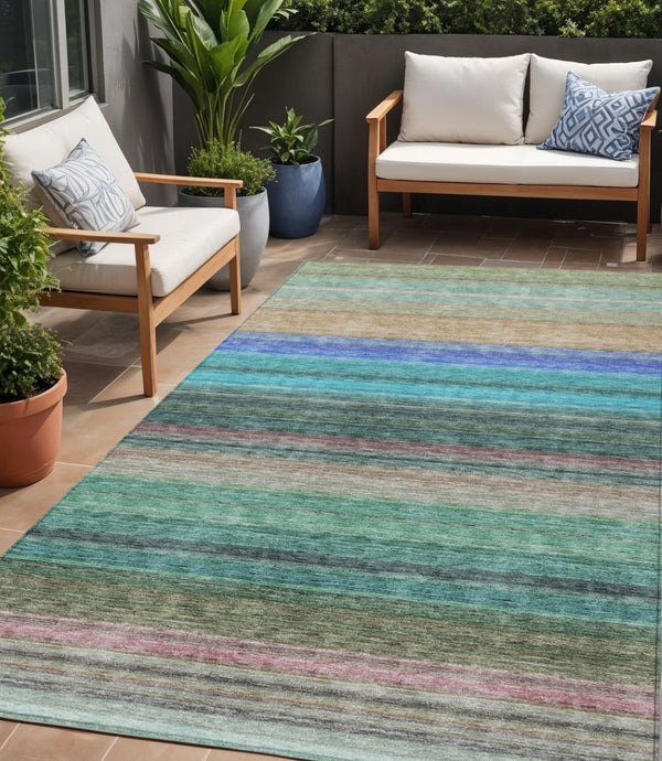 HomeRoots 5' Stylish Sage Teal Blue and Tan Striped Washable Area Rug for Indoor and Outdoor Comfort 5' X 8' 614828