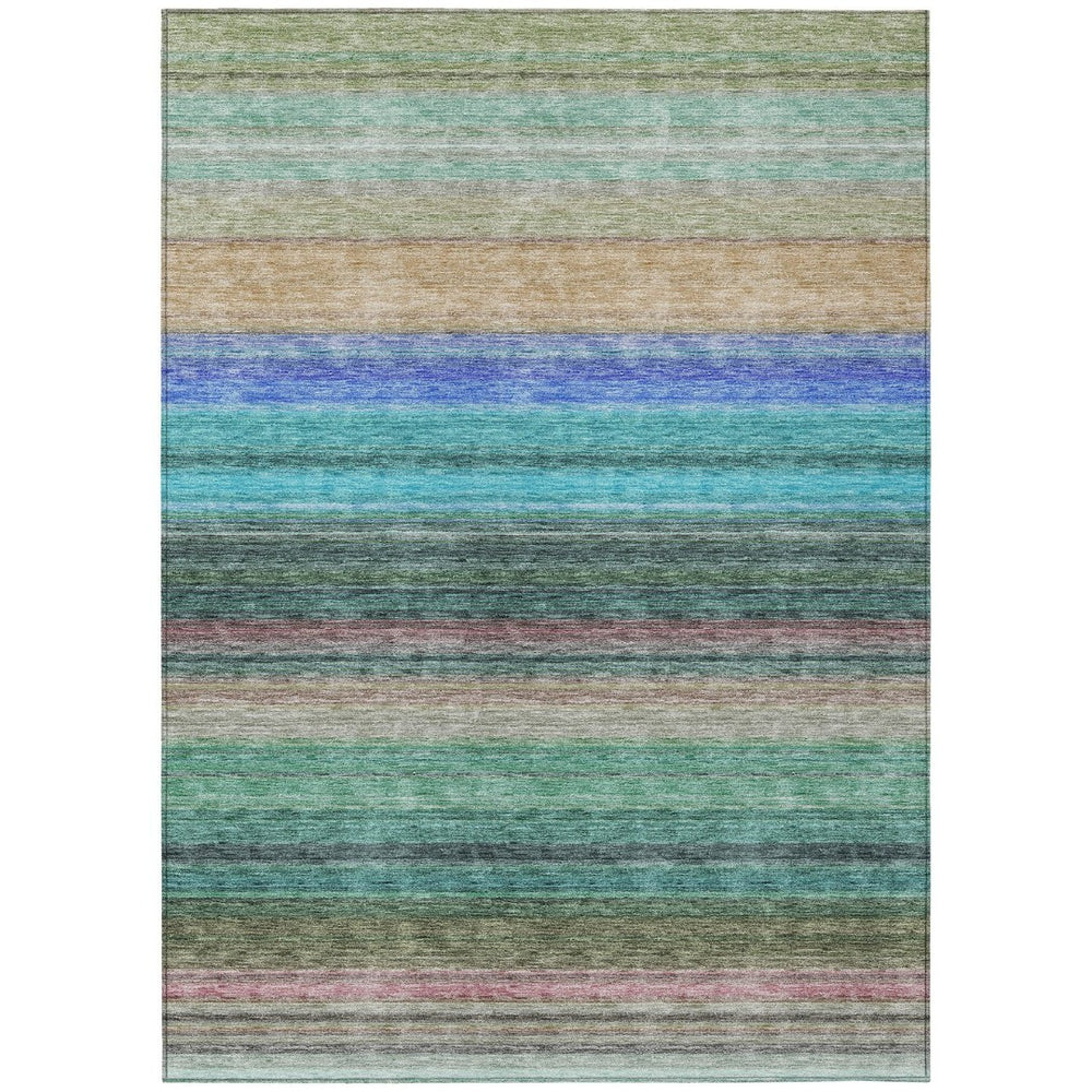 HomeRoots 5' Stylish Sage Teal Blue and Tan Striped Washable Area Rug for Indoor and Outdoor Comfort 5' X 8' 614828
