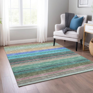 HomeRoots 5' Stylish Sage Teal Blue and Tan Striped Washable Area Rug for Indoor and Outdoor Comfort 5' X 8' 614828