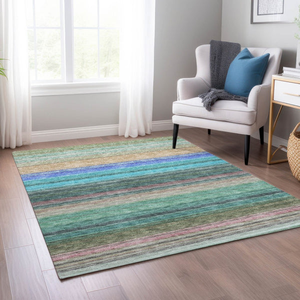 HomeRoots 5' Stylish Sage Teal Blue and Tan Striped Washable Area Rug for Indoor and Outdoor Comfort 5' X 8' 614828