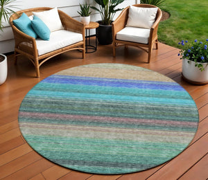HomeRoots 5' Stylish Sage Teal Blue and Tan Striped Washable Area Rug for Indoor and Outdoor Comfort 8' Round 614829